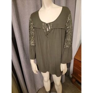 Avenue Boho‎ whimsy Women's 18/20 Olive Green Bell Lace Sleeve Blouse Keyhole